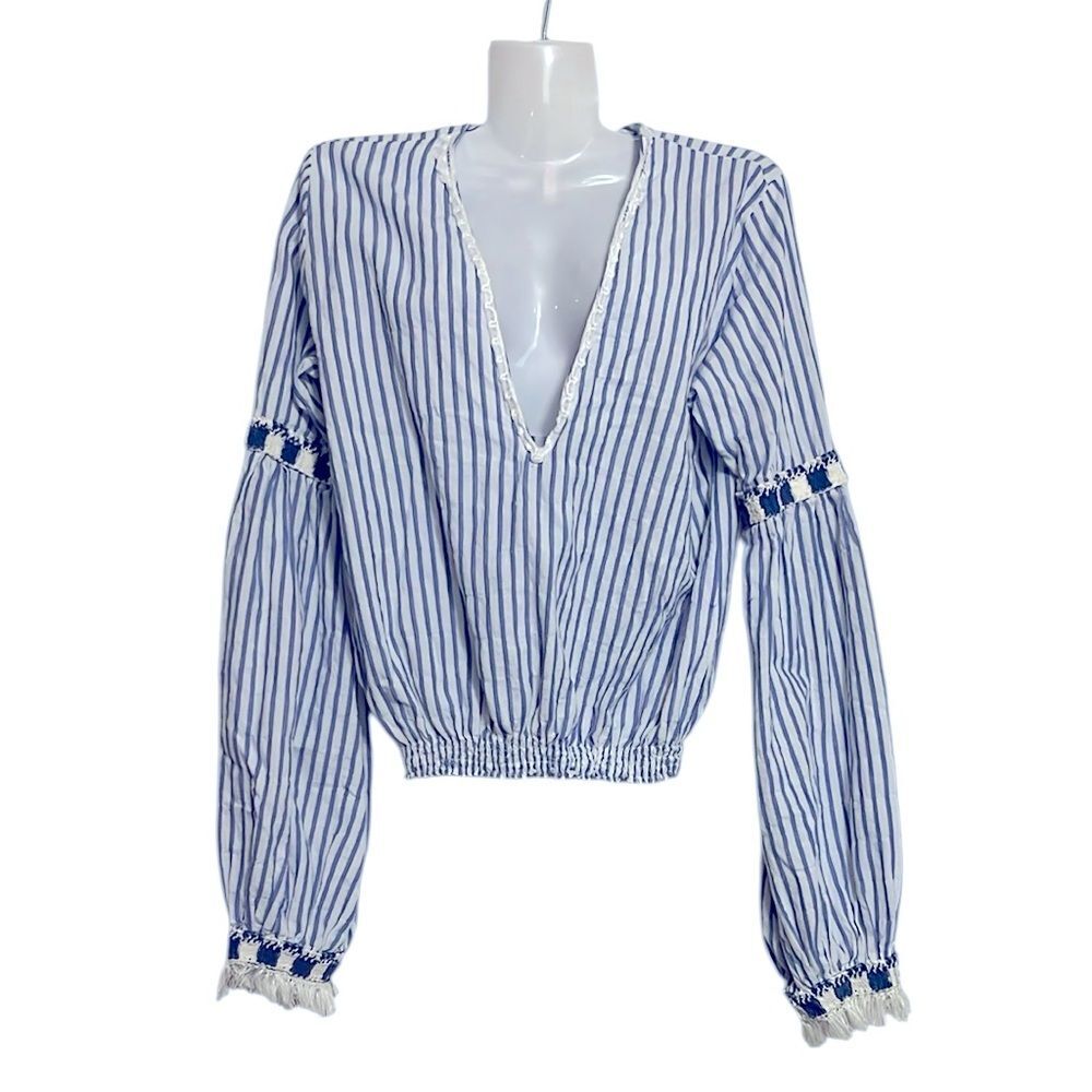 Aguaclara Blue Striped Organic Cotton Women's Blouse Top Coastal Resort Wear S
